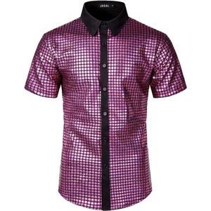 Mens 70s Disco Costume Silver Sequins Short Sleeve Button Down Shirts, Pink